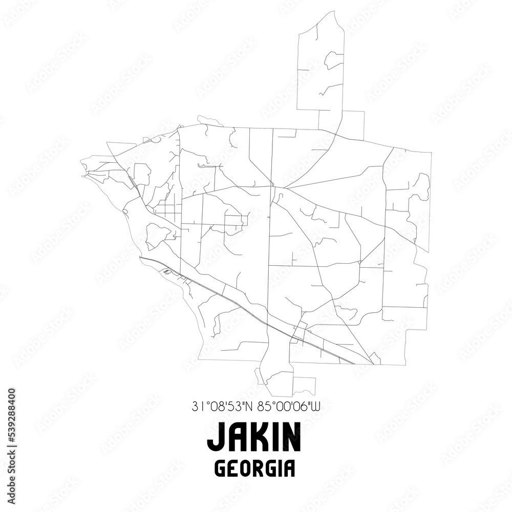 Jakin Georgia. US street map with black and white lines.