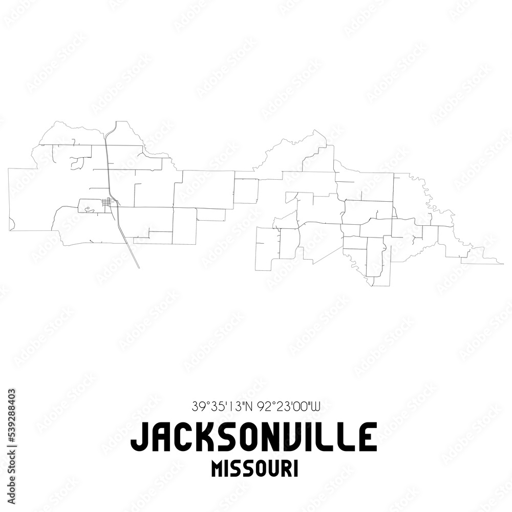 Jacksonville Missouri. US street map with black and white lines.