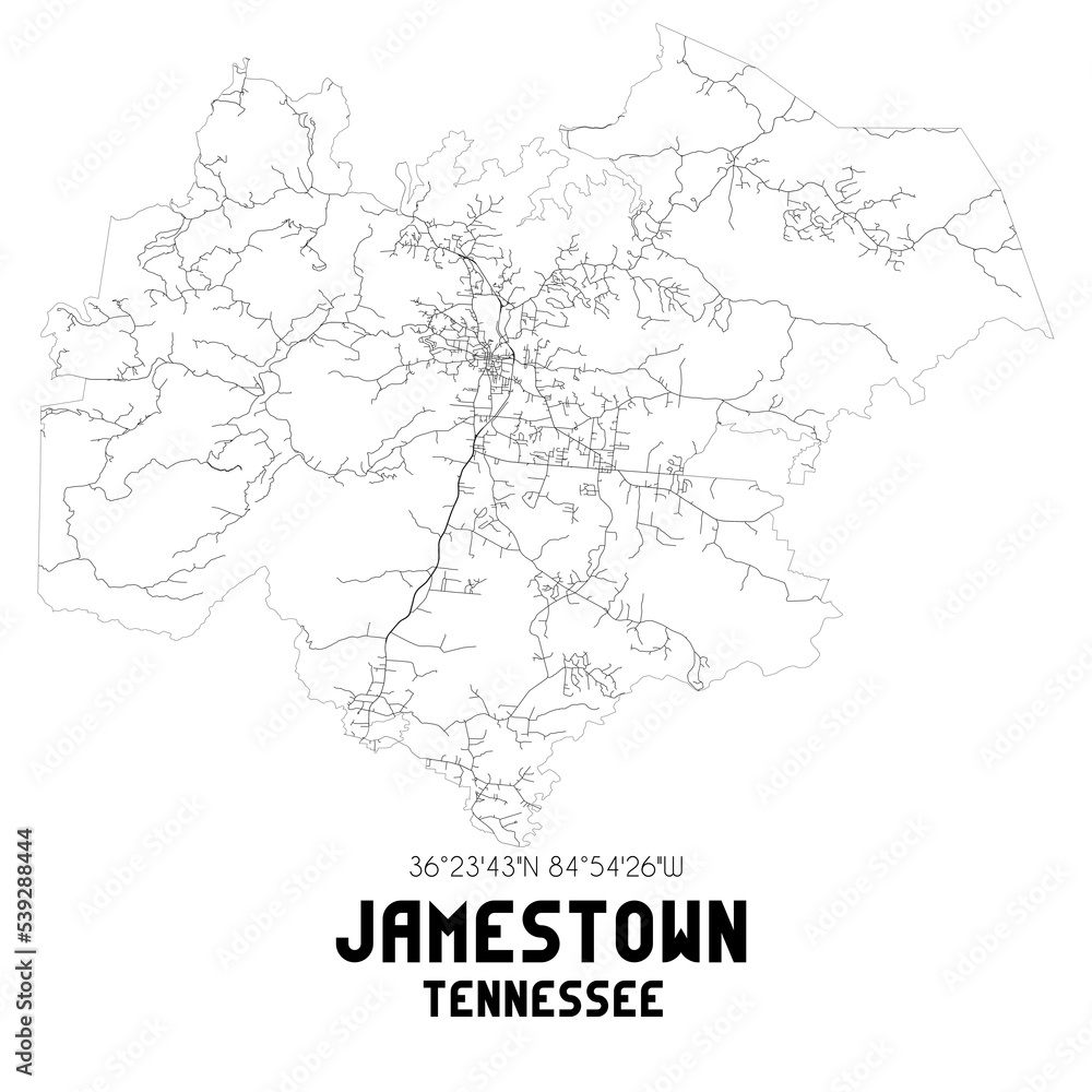 Jamestown Tennessee. US street map with black and white lines.