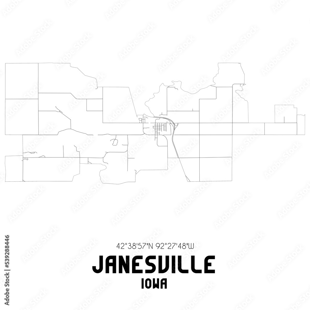 Janesville Iowa. US street map with black and white lines.