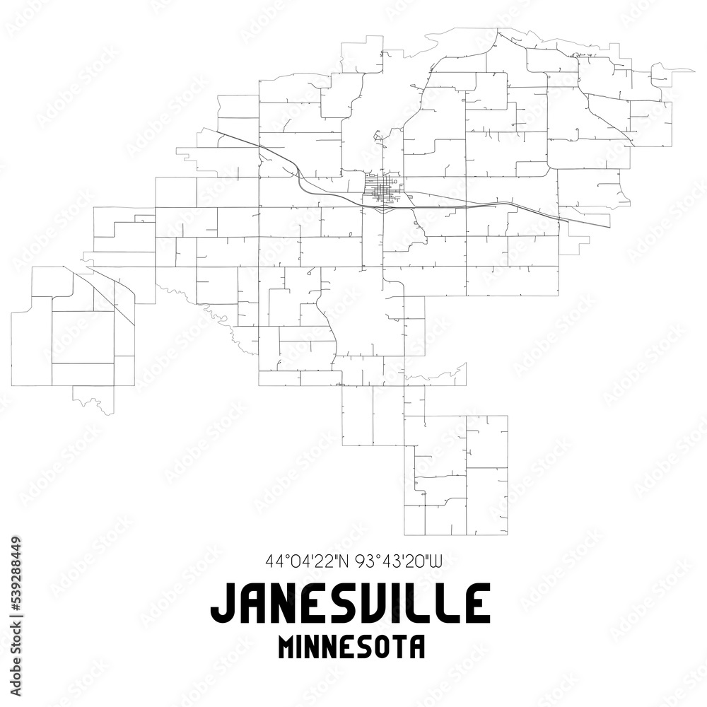 Janesville Minnesota. US street map with black and white lines.