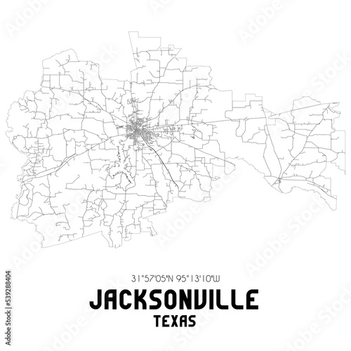 Jacksonville Texas. US street map with black and white lines.