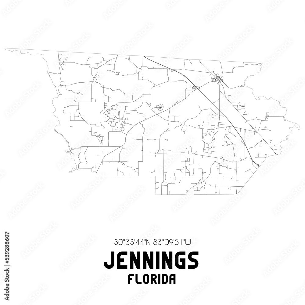 Jennings Florida. US street map with black and white lines.