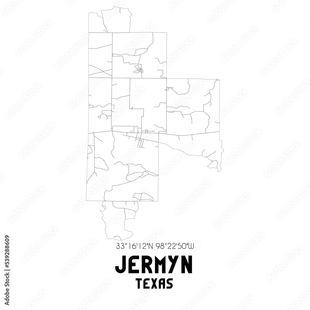Jermyn Texas. US street map with black and white lines.