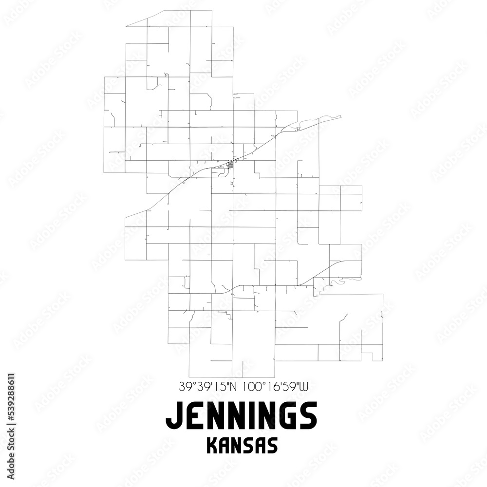 Jennings Kansas. US street map with black and white lines.
