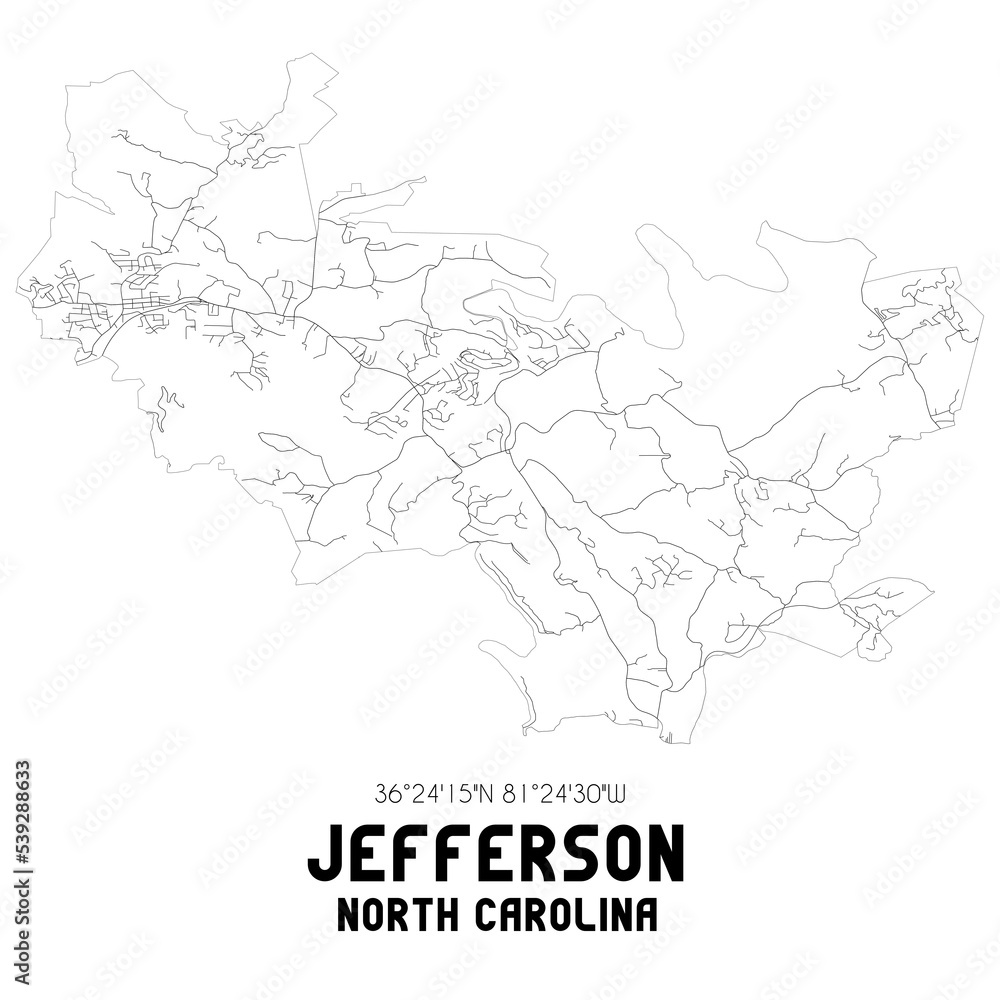 Jefferson North Carolina. US street map with black and white lines.