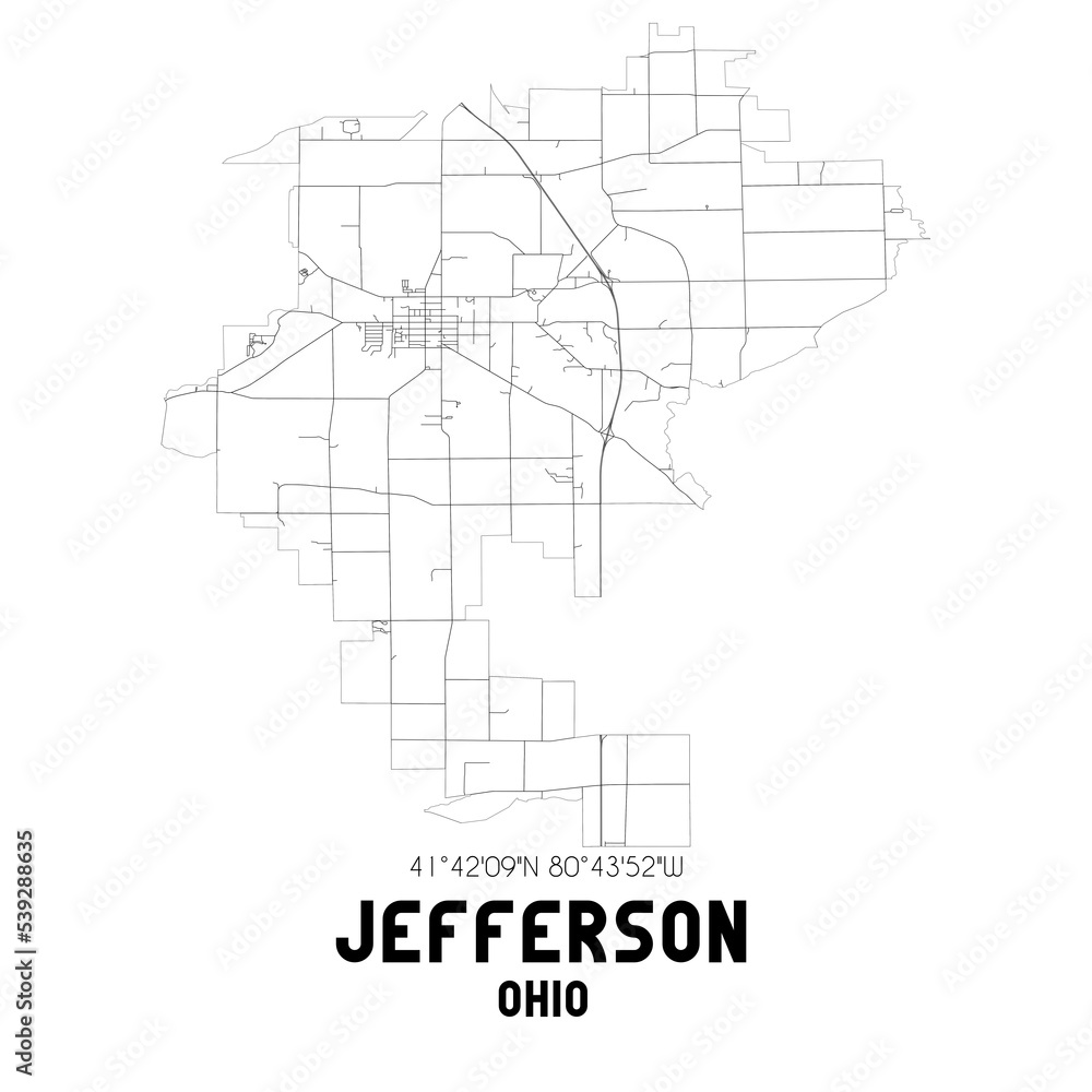 Jefferson Ohio. US street map with black and white lines.