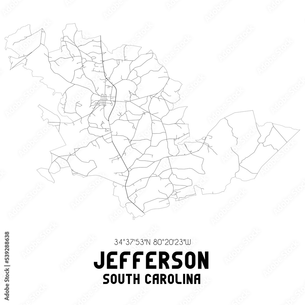 Jefferson South Carolina. US street map with black and white lines. Jefferson South Carolina. US street map with black and white lines.