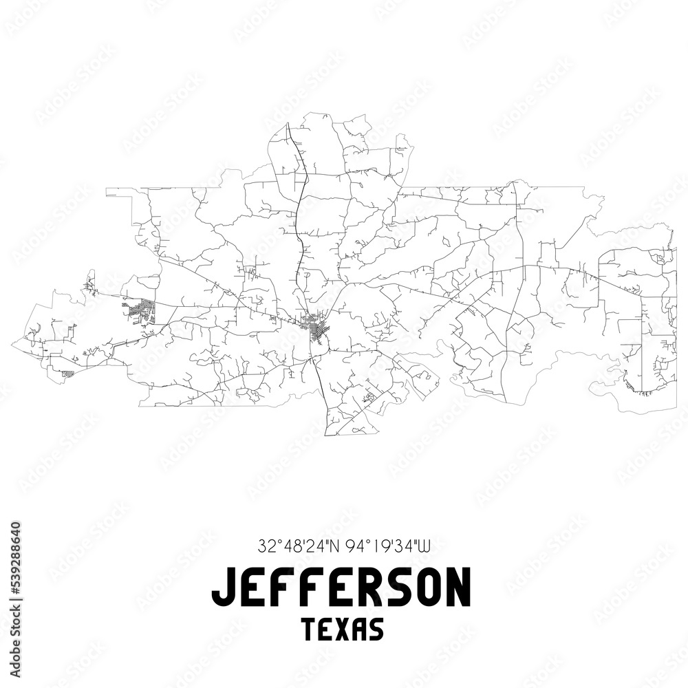 Jefferson Texas. US street map with black and white lines.