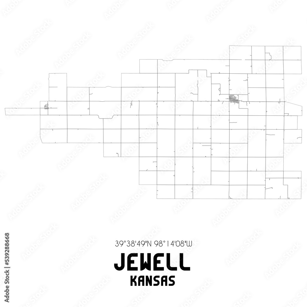 Jewell Kansas. US street map with black and white lines.