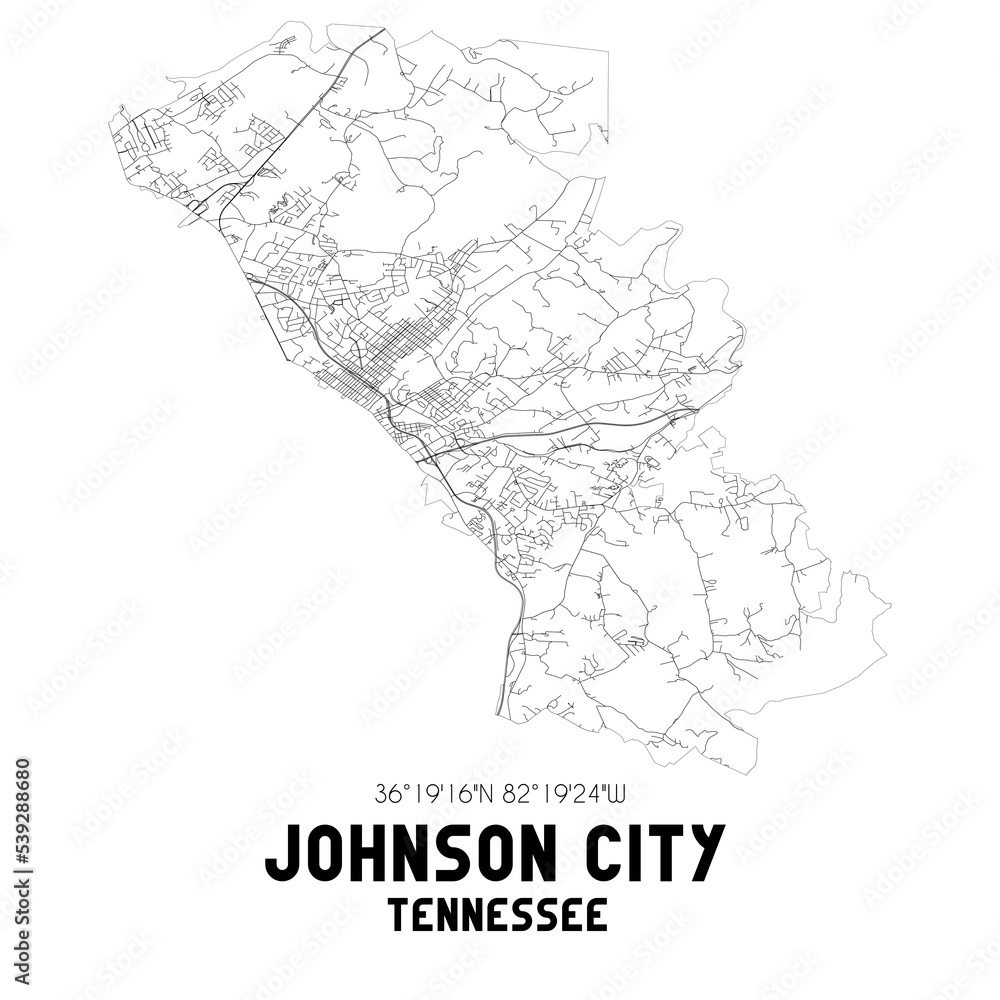 Johnson City Tennessee. US street map with black and white lines.