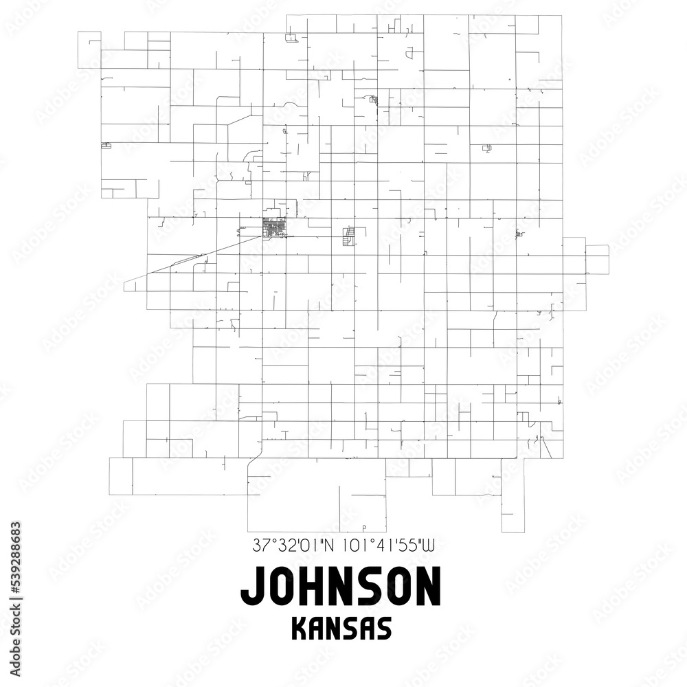 Johnson Kansas. US street map with black and white lines.