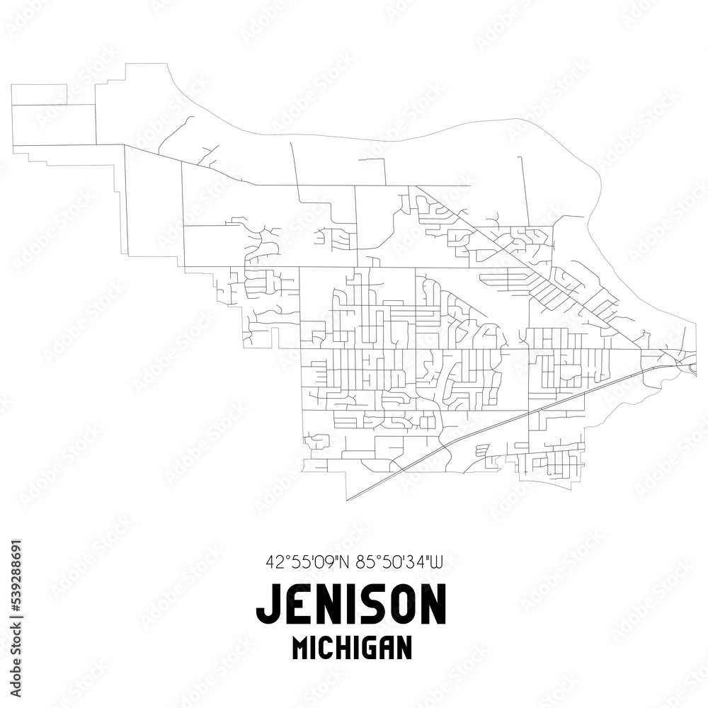 Jenison Michigan. US street map with black and white lines.