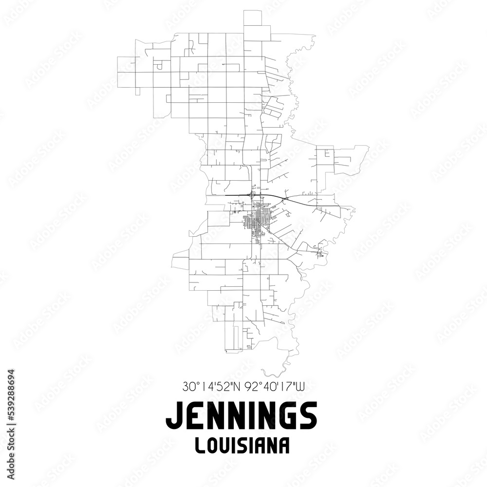 Jennings Louisiana. US street map with black and white lines.