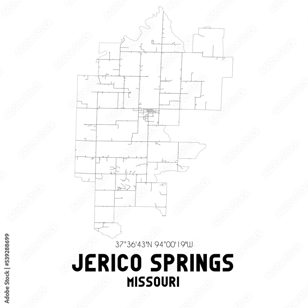Jerico Springs Missouri. US street map with black and white lines.