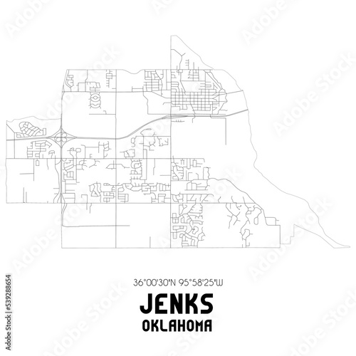 Jenks Oklahoma. US street map with black and white lines.