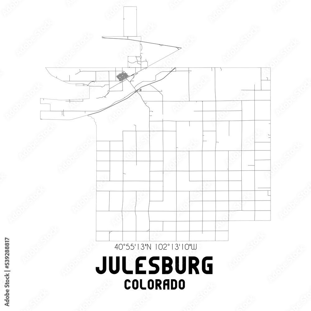 Julesburg Colorado. US street map with black and white lines.