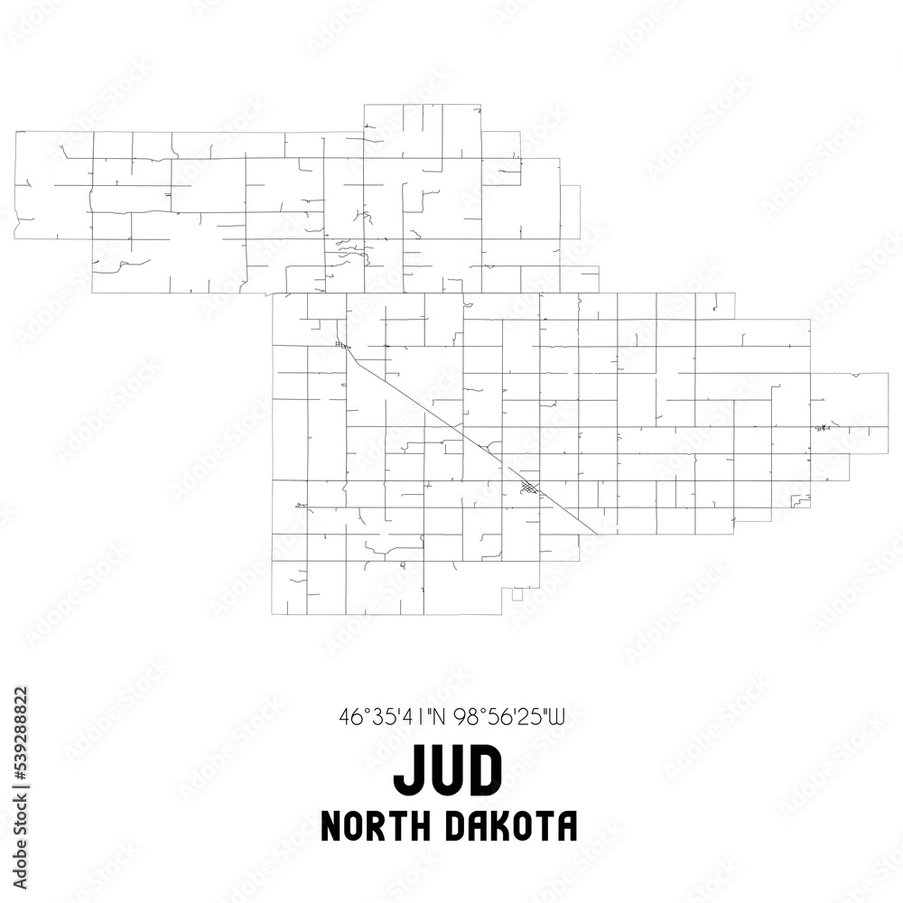Jud North Dakota. US street map with black and white lines.