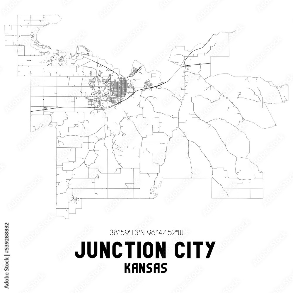 Junction City Kansas. US street map with black and white lines.
