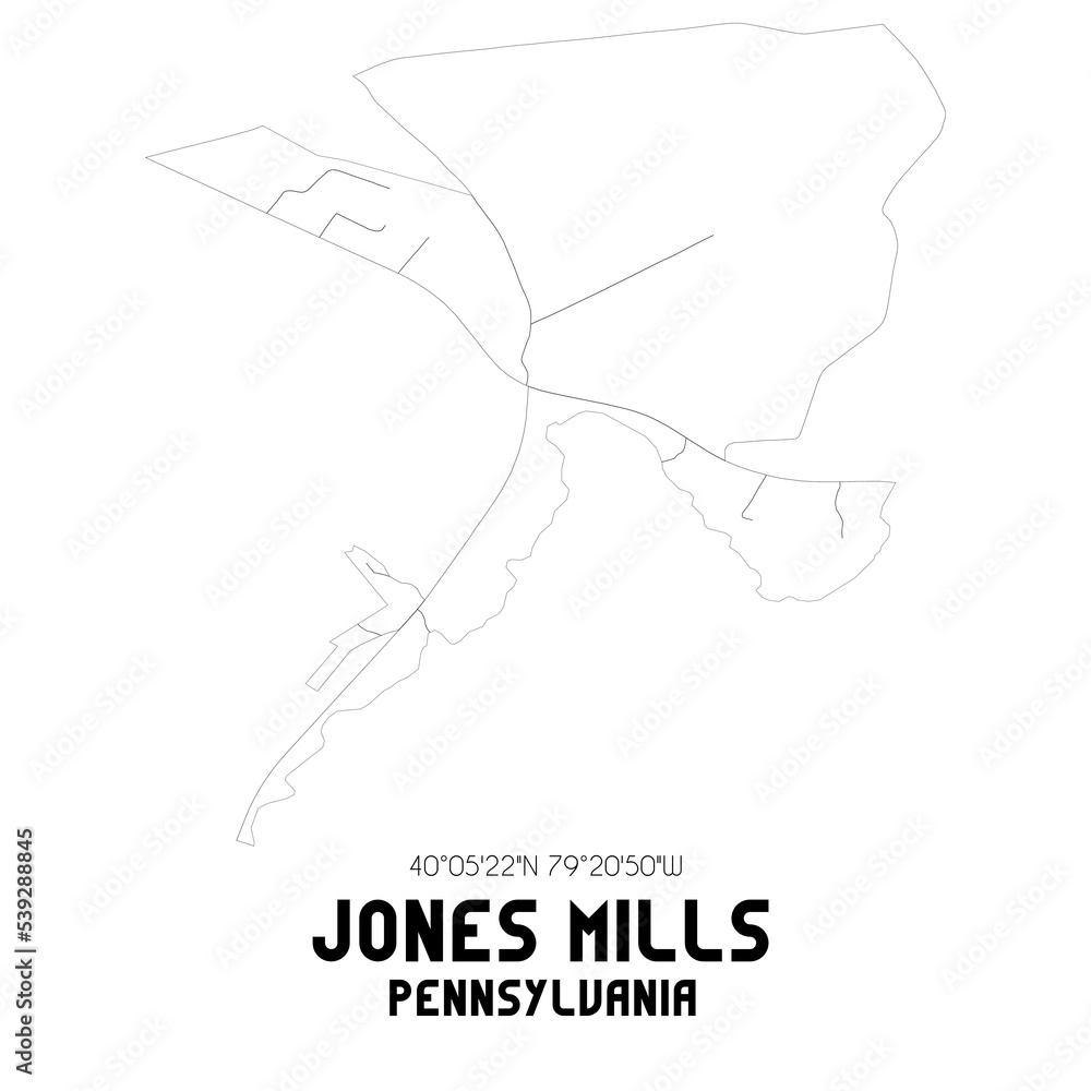 Jones Mills Pennsylvania. US street map with black and white lines.