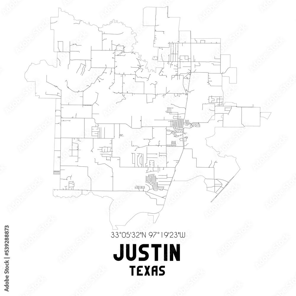 Justin Texas. US street map with black and white lines.