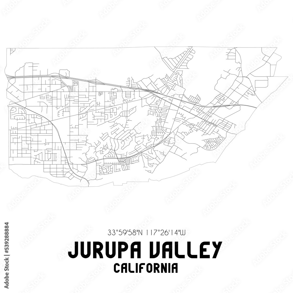 Jurupa Valley California. US street map with black and white lines.