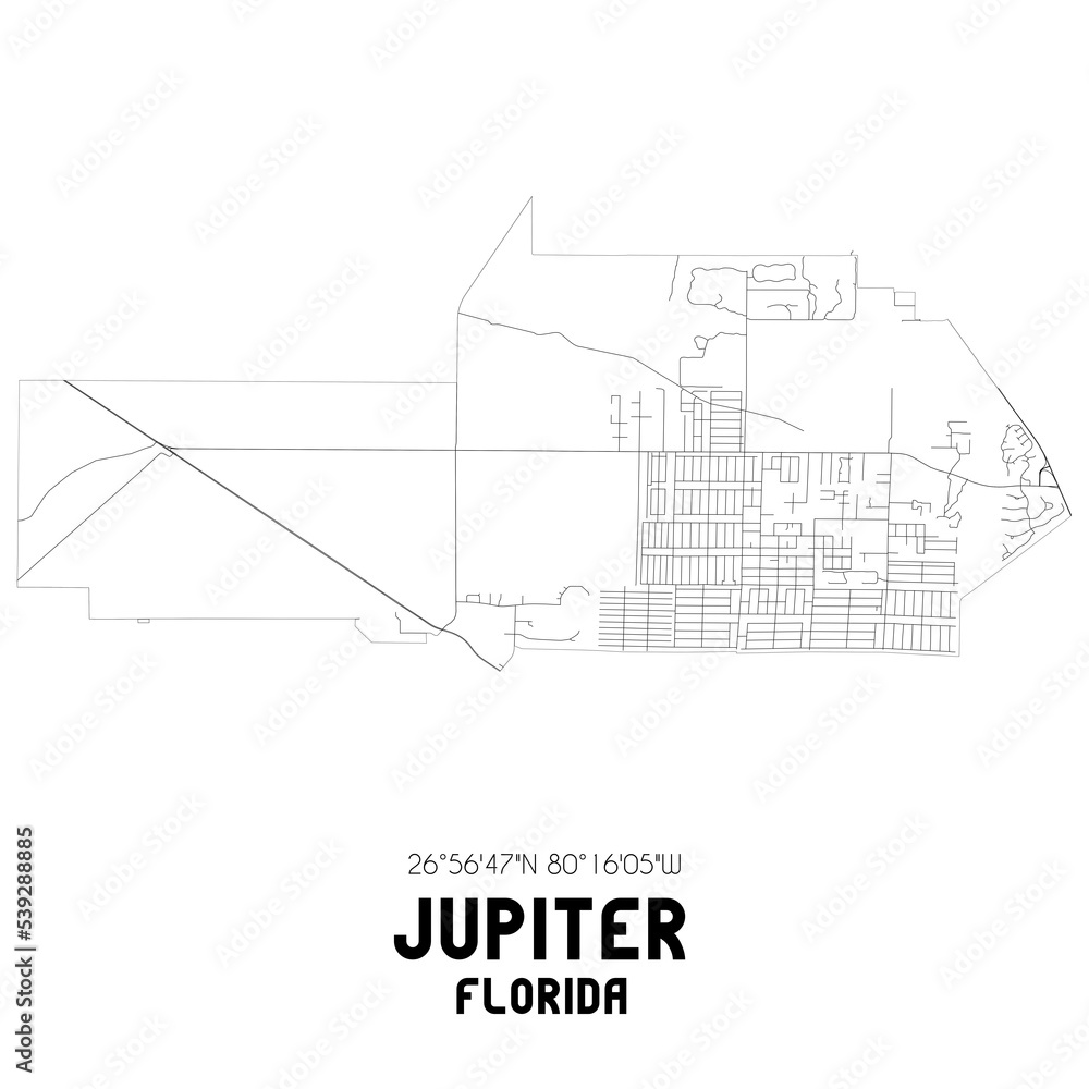 Jupiter Florida. US street map with black and white lines.
