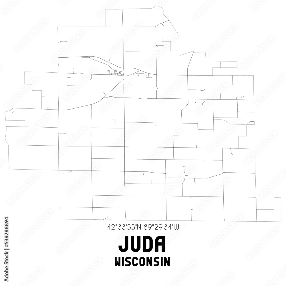 Juda Wisconsin. US street map with black and white lines.