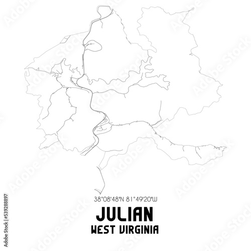 Julian West Virginia. US street map with black and white lines.
