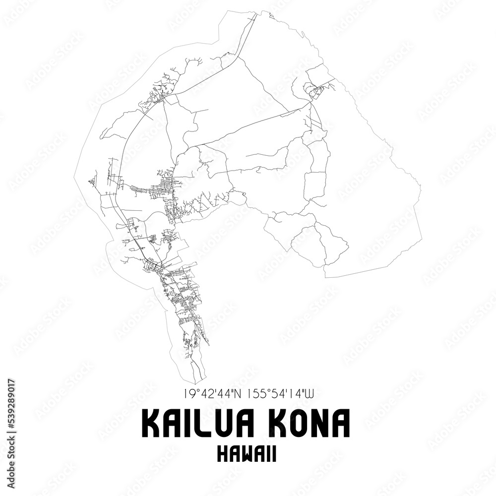 Kailua Kona Hawaii. US street map with black and white lines.
