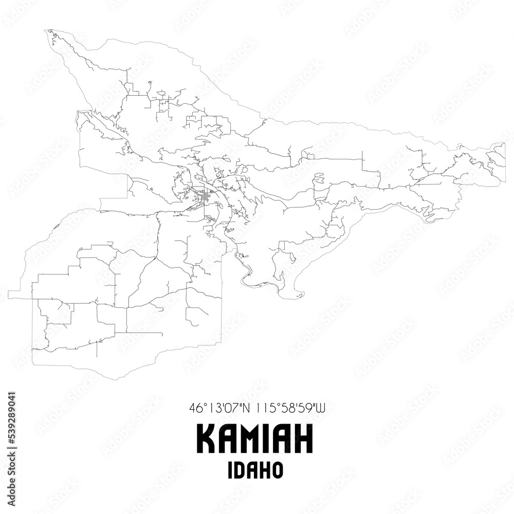 Kamiah Idaho. US street map with black and white lines.