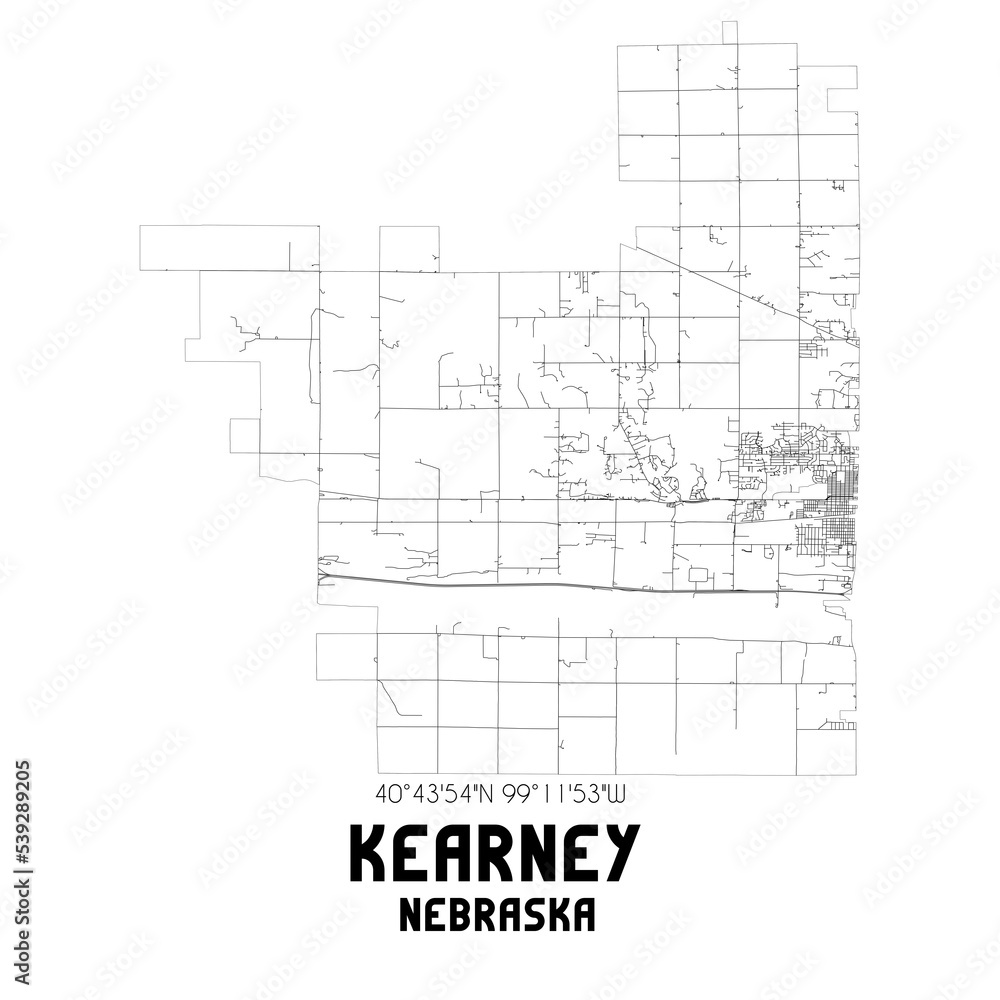 Kearney Nebraska. US street map with black and white lines.