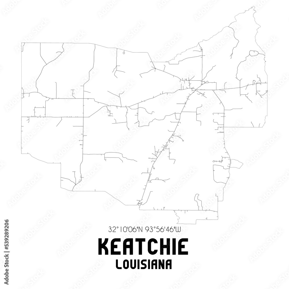 Keatchie Louisiana. US street map with black and white lines.