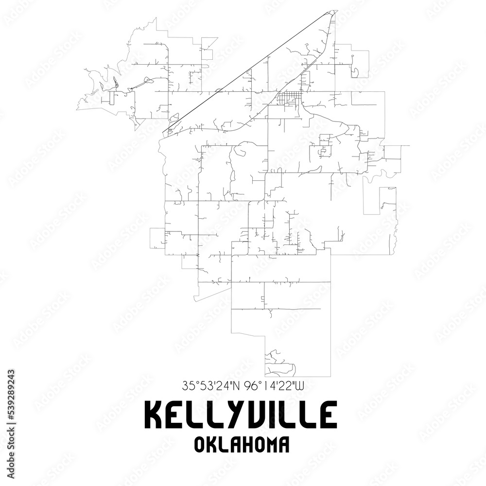 Kellyville Oklahoma. US street map with black and white lines.