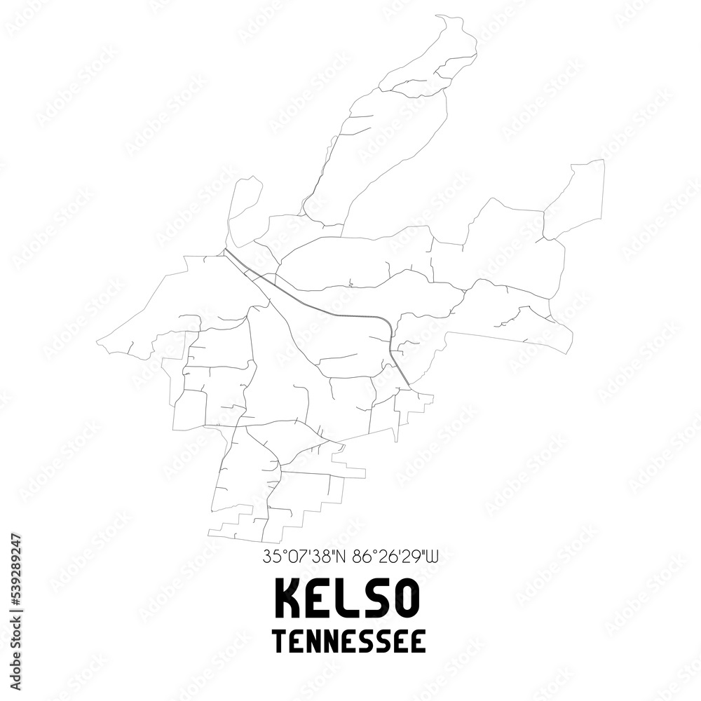 Kelso Tennessee. US street map with black and white lines.