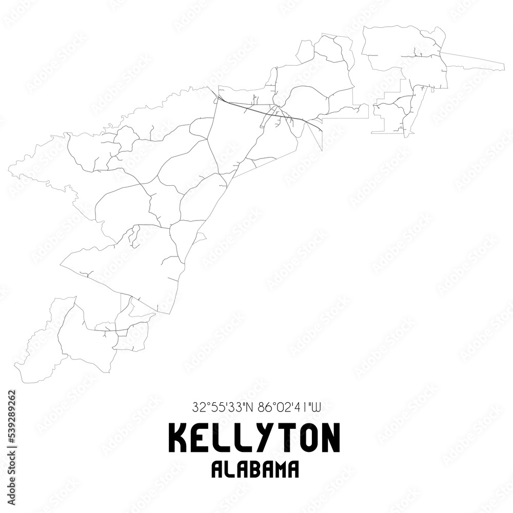 Kellyton Alabama. US street map with black and white lines.