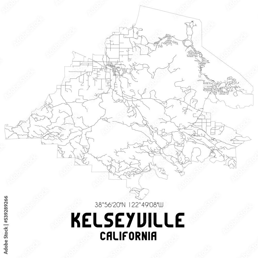 Kelseyville California. US street map with black and white lines.