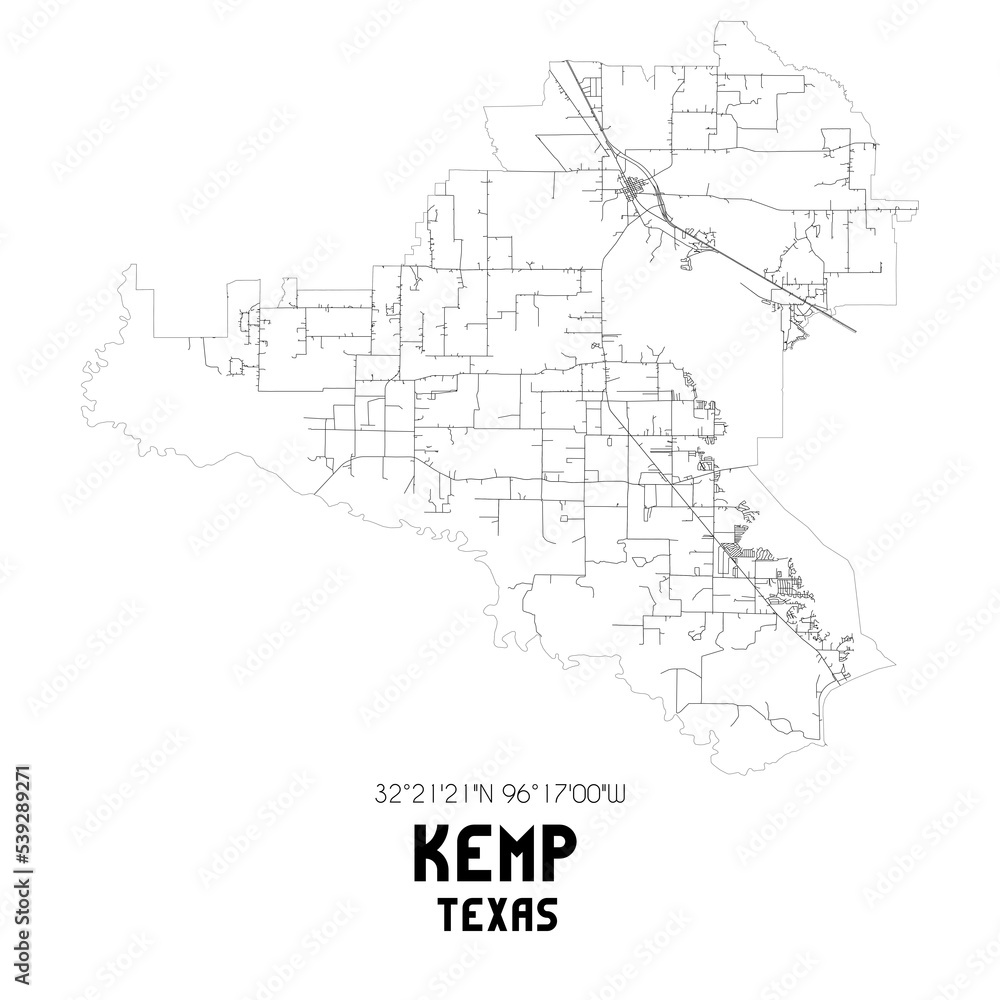 Kemp Texas. US street map with black and white lines.