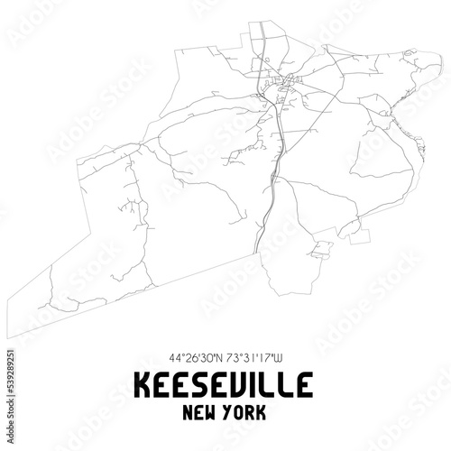 Keeseville New York. US street map with black and white lines.