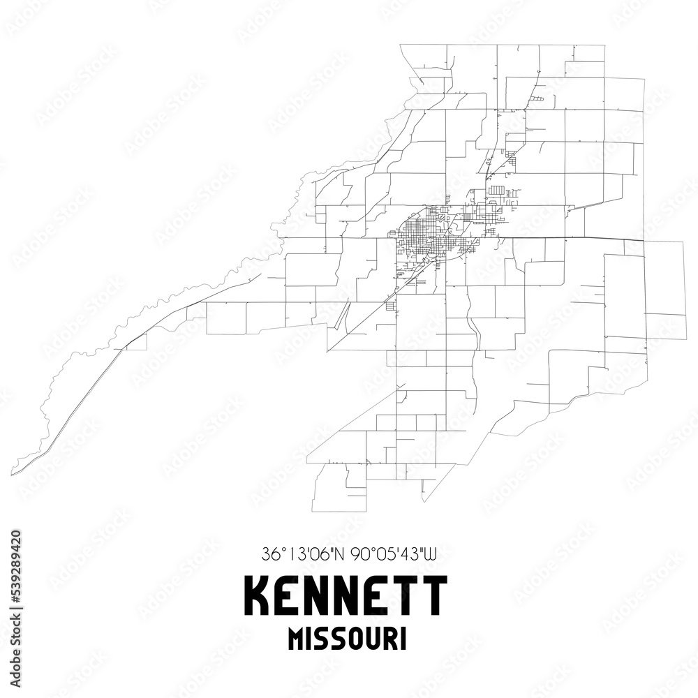 Kennett Missouri. US street map with black and white lines.