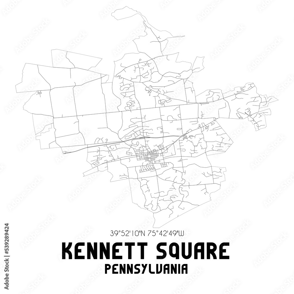 Kennett Square Pennsylvania. US street map with black and white lines.