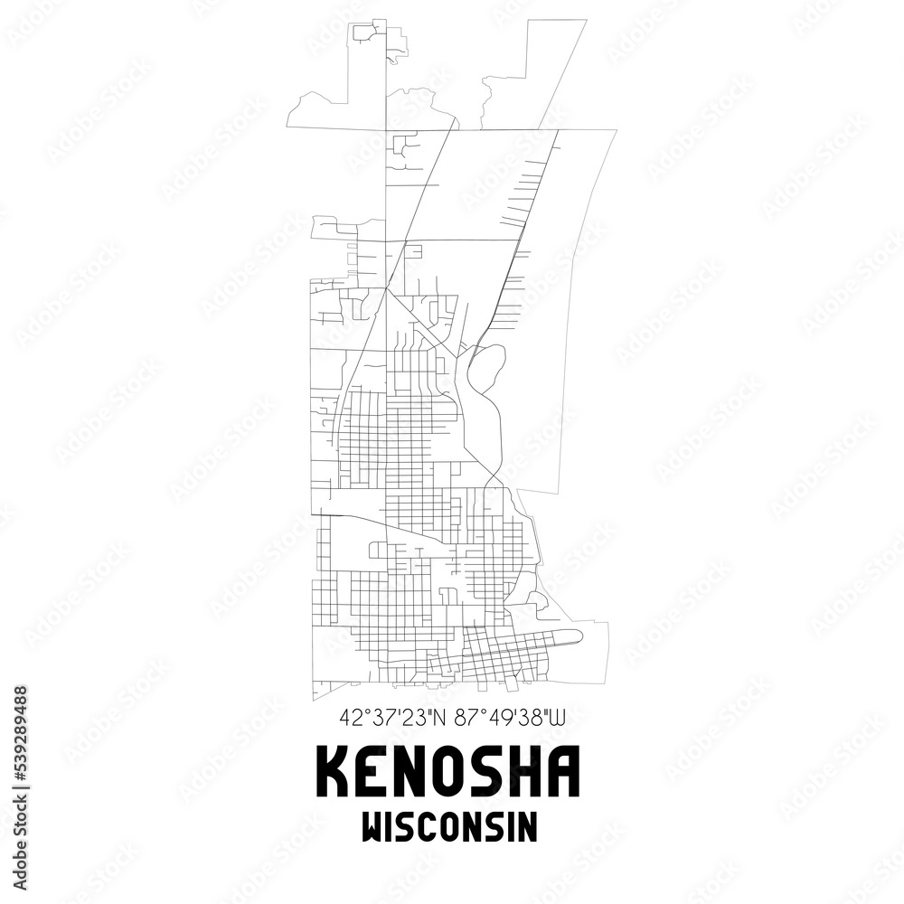 Kenosha Wisconsin. US street map with black and white lines.