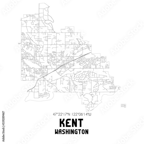 Kent Washington. US street map with black and white lines.