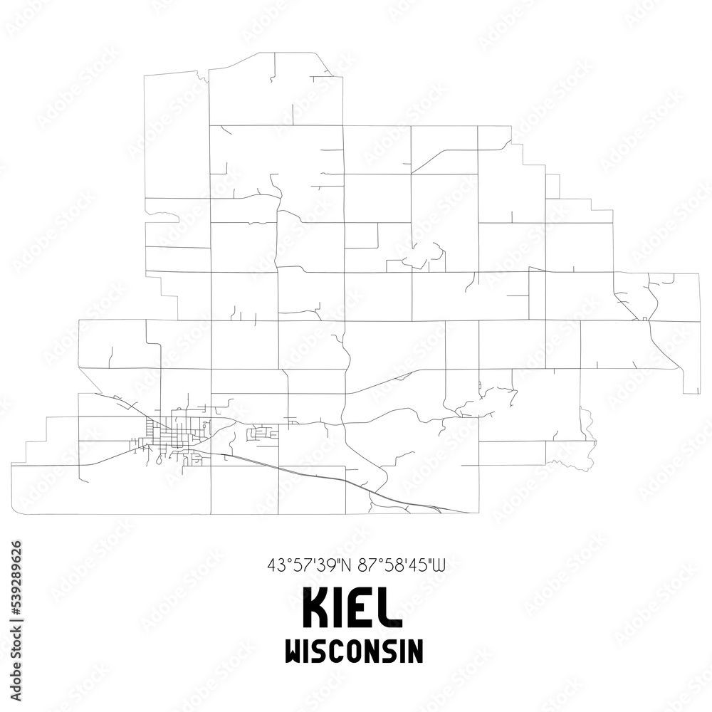 Kiel Wisconsin. US street map with black and white lines.