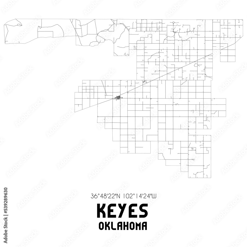 Keyes Oklahoma. US street map with black and white lines.