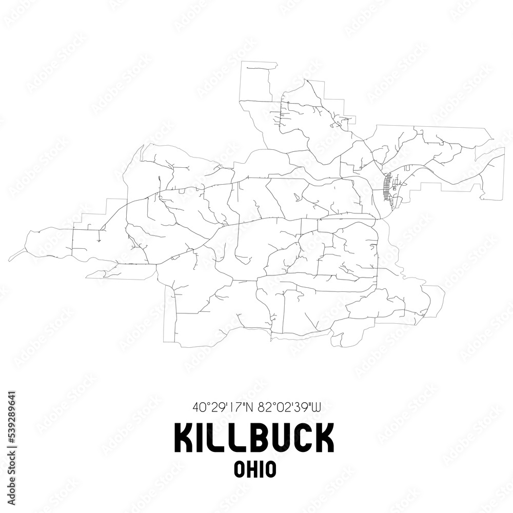 Killbuck Ohio. US street map with black and white lines.
