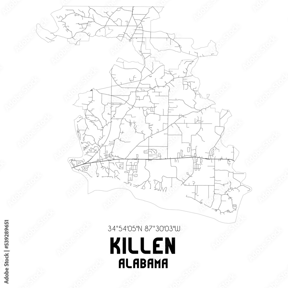 Killen Alabama. US street map with black and white lines.