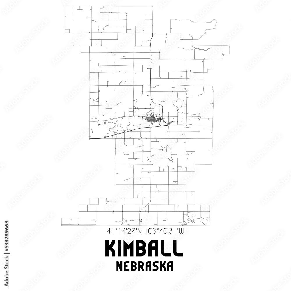 Kimball Nebraska. US street map with black and white lines.