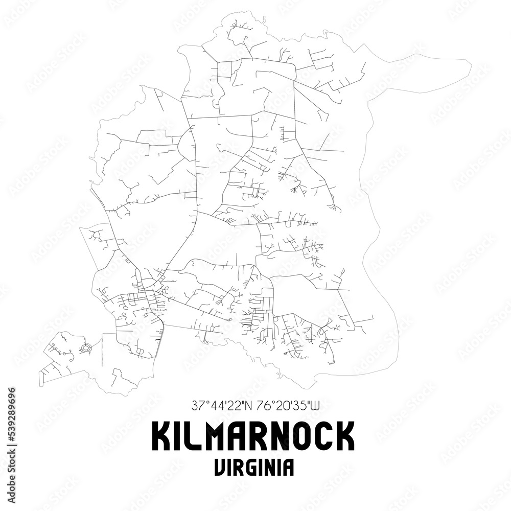 Kilmarnock Virginia. US street map with black and white lines.