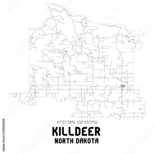 Killdeer North Dakota. US street map with black and white lines.